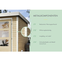 Vue détaillée d''une cabane de jardin mettant en évidence les composants métalliques et les têtes de vis