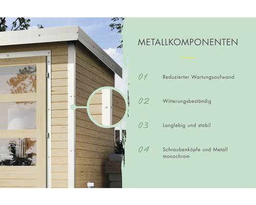 Vue détaillée d''une cabane de jardin mettant en évidence les composants métalliques et les têtes de vis