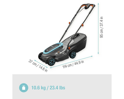 Gardena Akku-Rasenmäher mit den Maßen 37 x 114 x 95 cm und einem Gewicht von 10,6 kg