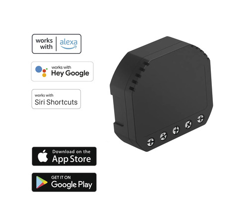 Intelligenter Schalter kompatibel mit Alexa, Google und Siri Shortcuts, erhältlich im App Store und Google Play