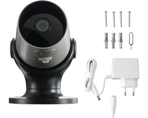 Caméra de surveillance avec accessoires tels que vis, chevilles, câble d''alimentation et adaptateur secteur