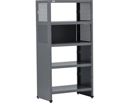 Graues Metallregal mit vier Ablageflächen für Werkstatt oder Lager
