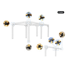 Logo Starx. Représentation d''une pergola en bois avec des vues détaillées des assemblages d''angle.