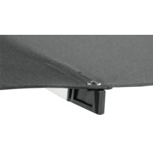 Detailansicht eines Sonnenschirms mit Stoffbespannung, Aluminiumrahmen und schwarzem Kunststoffverbinder