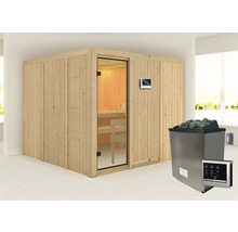 Sauna avec revêtement en bois, porte en verre et poêle de sauna