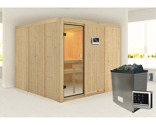 Sauna avec revêtement en bois, porte en verre et poêle de sauna
