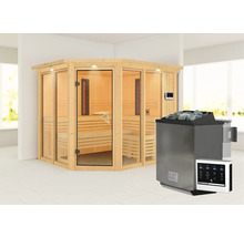 Ecksauna aus Holz mit Saunaofen und Steuerung