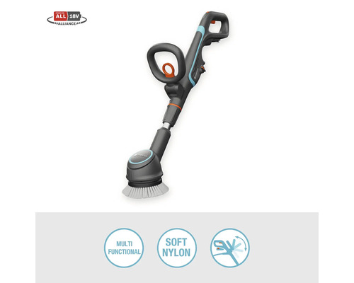 Brosse à batterie Gardena pour l''extérieur avec poils en nylon souples et logo Power for All 18 Volt Alliance