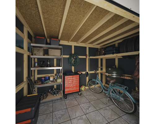 Garage avec servante d''atelier, étagère, tuyau d''arrosage, vélo et barbecue