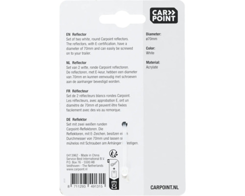 Jeu de réflecteurs Carpoint, deux réflecteurs ronds blancs avec marque de contrôle E, diamètre 70 millimètres, matériau acrylate