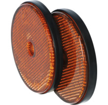 Deux réflecteurs ronds orange avec bordure noire pour une utilisation sur les véhicules ou les remorques.