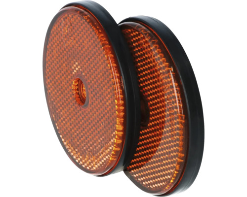 Deux réflecteurs ronds orange avec bordure noire pour une utilisation sur les véhicules ou les remorques.