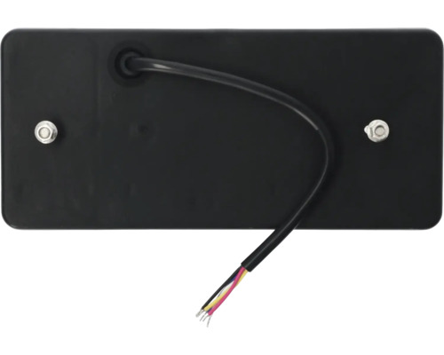 Rückansicht einer schwarzen Rückleuchte mit Kabel und Befestigungsschrauben