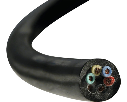 Schwarzes Elektrokabel im Querschnitt mit farbigen Adern