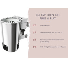 Saunaofen mit 3,6 Kilowatt Leistung, Bio-Funktion, Plug-and-Play-Installation, Edelstahlgehäuse, Temperaturregelung von 50 bis 80 Grad, integrierter Verdampfer mit 1200 Watt, inklusive 18 Kilogramm Diabassteine und Kabel