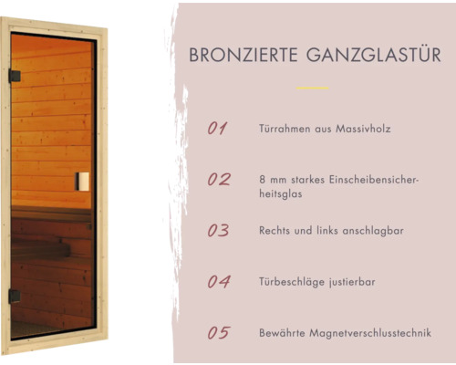 Porte entièrement vitrée bronze avec cadre de porte en bois massif et verre de sécurité.