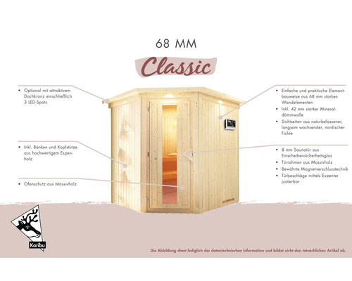 Sauna Karibu avec façade en verre, bancs, appuis-tête et protection de poêle en bois massif