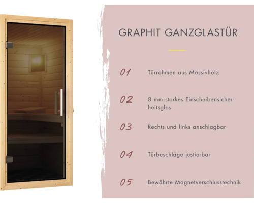 Porte entièrement vitrée graphite avec cadre en bois massif et verre de sécurité pour sauna