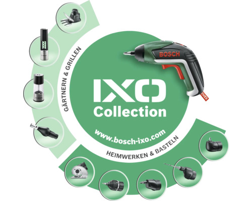 Collection Bosch IXO avec tournevis sans fil et divers accessoires pour le bricolage, le jardinage et le barbecue