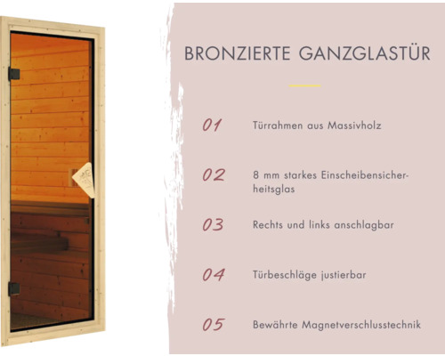 Porte entièrement vitrée bronze avec cadre de porte en bois massif et verre de sécurité.