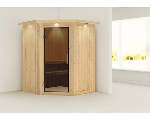 Finnische Sauna aus Holz mit Glastür und Innenbeleuchtung