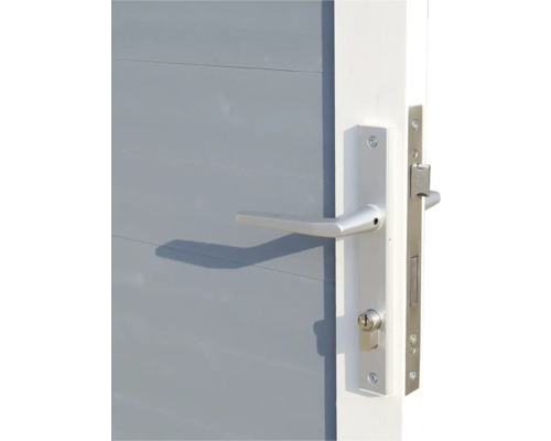 Detailansicht einer Tür mit silbernem Türgriff und Schloss