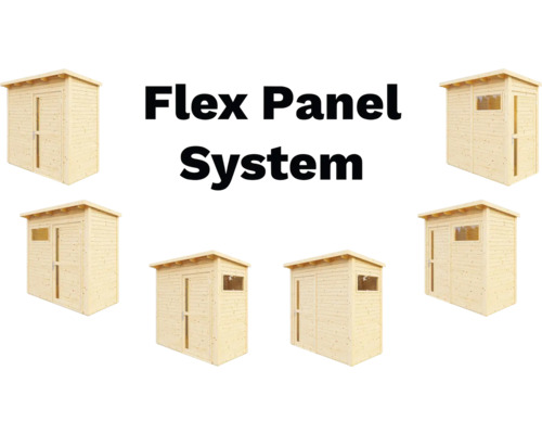 Flex Panel System Gartenhaus aus Holz, verschiedene Ansichten