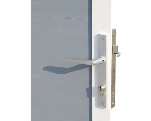 Gros plan d''une porte grise avec poignée et serrure argentées