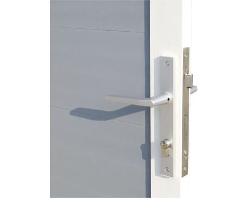 Gros plan d''une porte grise avec poignée et serrure argentées