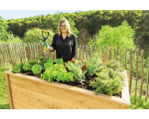 Jardinière en bois avec légumes et femme tenant une bêche
