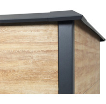Vue détaillée d''un abri de jardin avec façade en bois et accents métalliques gris.