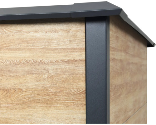 Vue détaillée d''un abri de jardin avec façade en bois et accents métalliques gris.