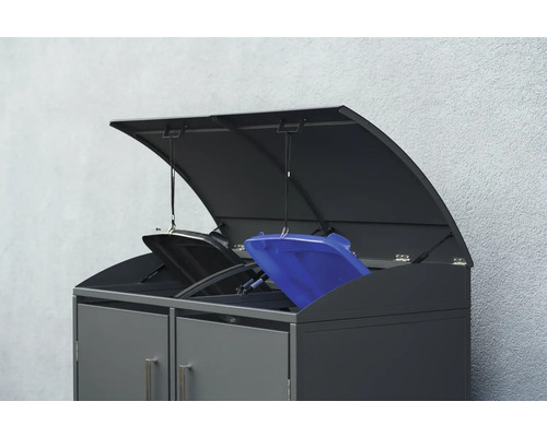 Mülltonnenbox mit zwei Mülltonnen und geöffnetem Deckel