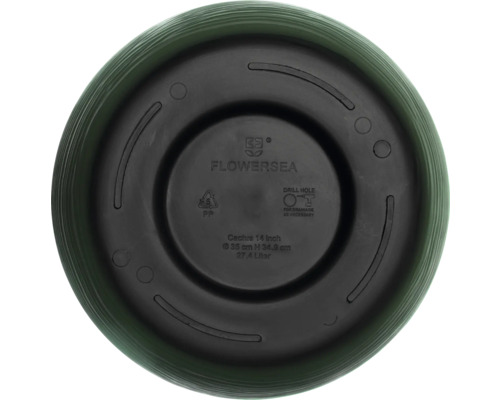 Unterseite eines Blumentopfes mit Herstellerinformationen