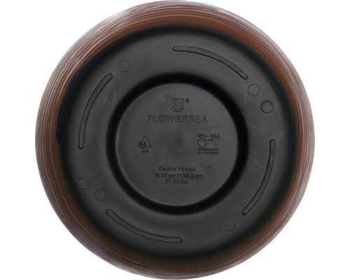 Unterseite eines Blumentopfes mit Markierungen zu Material und Größe