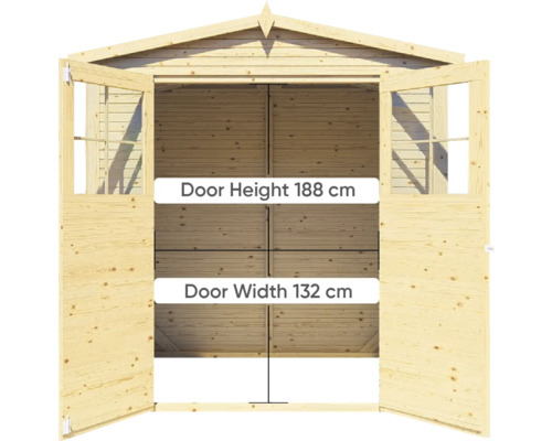 Abri de jardin en bois avec double porte ouverte, hauteur de la porte 188 centimètres, largeur de la porte 132 centimètres