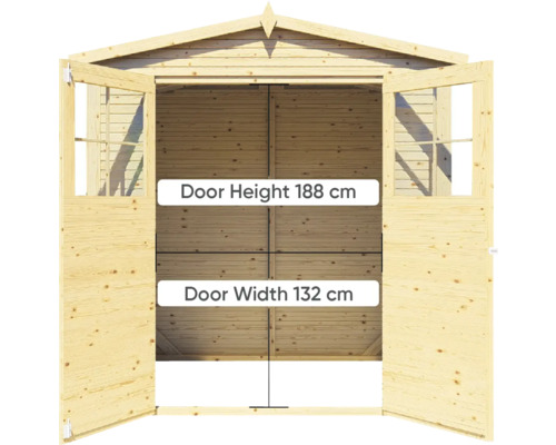Vue de la porte ouverte en bois d''une cabane de jardin avec les dimensions de la hauteur et de la largeur de la porte