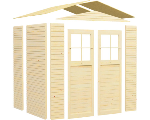Kit de maison de jardin en bois avec murs, portes fenêtres et éléments de toit