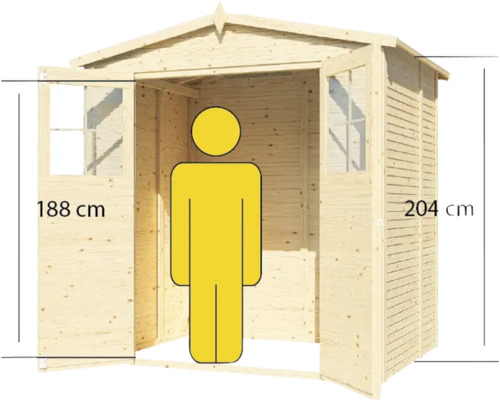 Abri de jardin en bois avec portes ouvertes et indication de hauteur