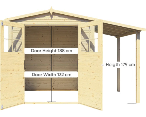 Holzgartenhaus mit geöffneten Doppeltüren und Carport, Türhöhe 188 cm, Türbreite 132 cm, Höhe Carport 179 cm