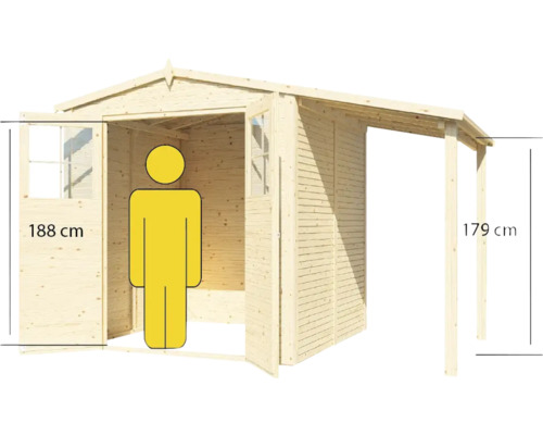 Abbildung eines Holzgartenhauses mit geöffneter Tür und seitlichem Vordach, Größenangabe
