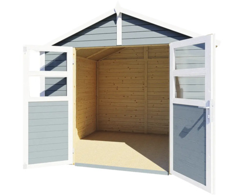 Abri de jardin ouvert avec murs en bois et double porte