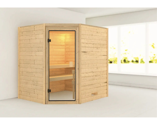 Sauna en bois massif Karibu Elea sans poêle ni couronne avec porte entièrement vitrée couleur bronze Sauna d''angle en bois avec porte en verre et éclairage intérieur