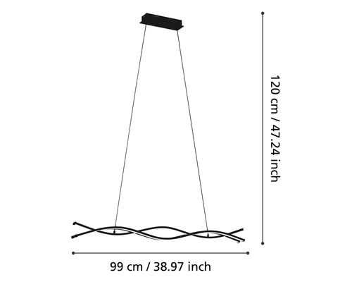 Abmessungen einer Pendelleuchte: 120 Zentimeter Höhe und 99 Zentimeter Breite.