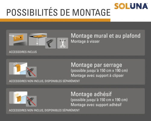 Logo Soluna. Possibilités de montage de produits avec montage mural et montage au plafond, montage par serrage et collage.