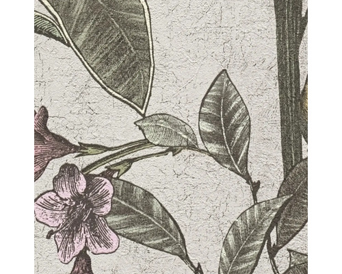 Nahaufnahme einer strukturierten Tapete mit Blumen- und Blätterdesign