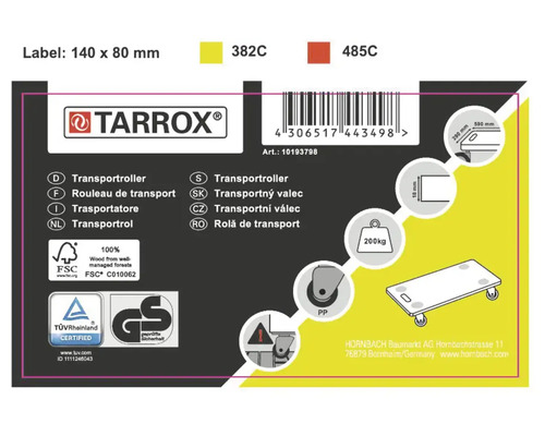 Tarrox Transportroller Etikett mit technischen Details und Zertifizierungen