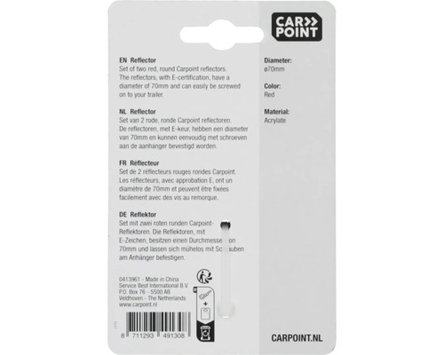 Jeu de 2 réflecteurs ronds rouges Carpoint avec homologation E et diamètre de 70 millimètres