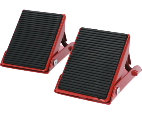 Deux cales de roue rouges avec surface rainurée pour la sécurité des véhicules.