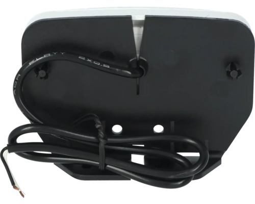 Rückseite einer LED-Kennzeichenleuchte mit schwarzer Montageplatte und Anschlusskabel